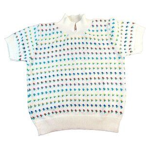 Womens Pullover Sweater Top Rainbow Flower Pattern Collared Polo Size M JH1237